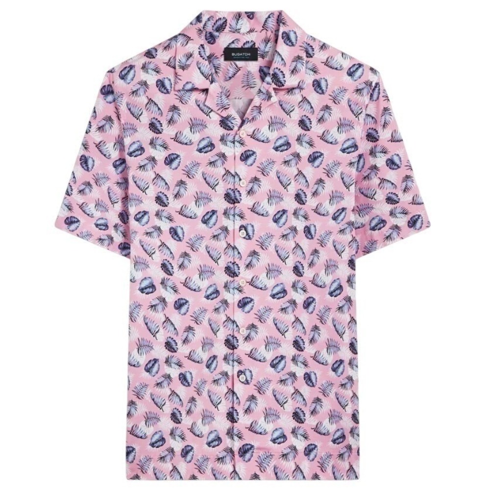 Bugatchi Mens Large Pink Cole Leaf Print OoohCotton Camp Short Sleeve Shirt